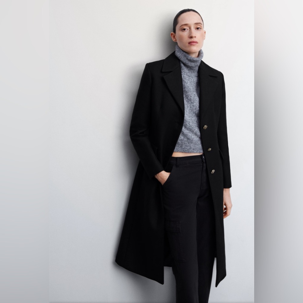 Brand New Mango Black Long Coat with Gold Buttons